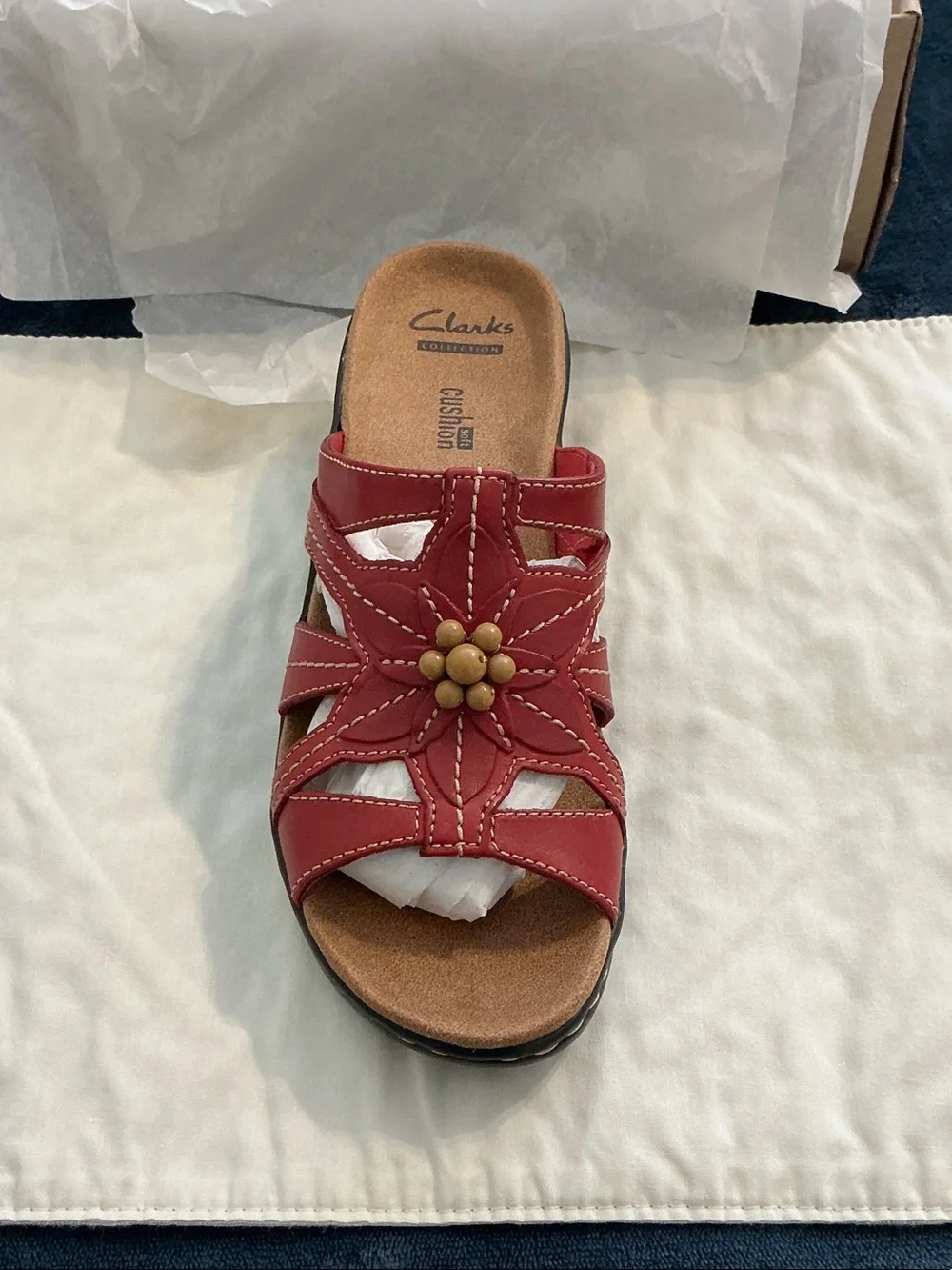 Clarks Red Leather Slide Sandal with Floral Bead Accent